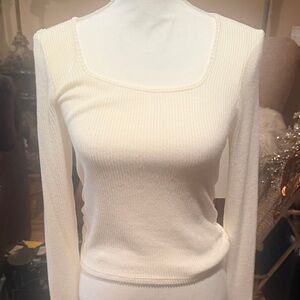Elegant Cream Ribbed Long Sleeve Blouse